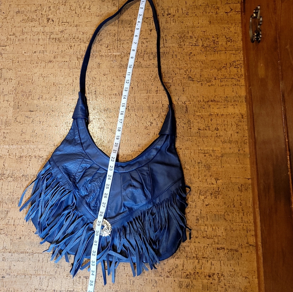 Vintage Blue Leather Fringe Shoulder Bag - Picture 14 of 14